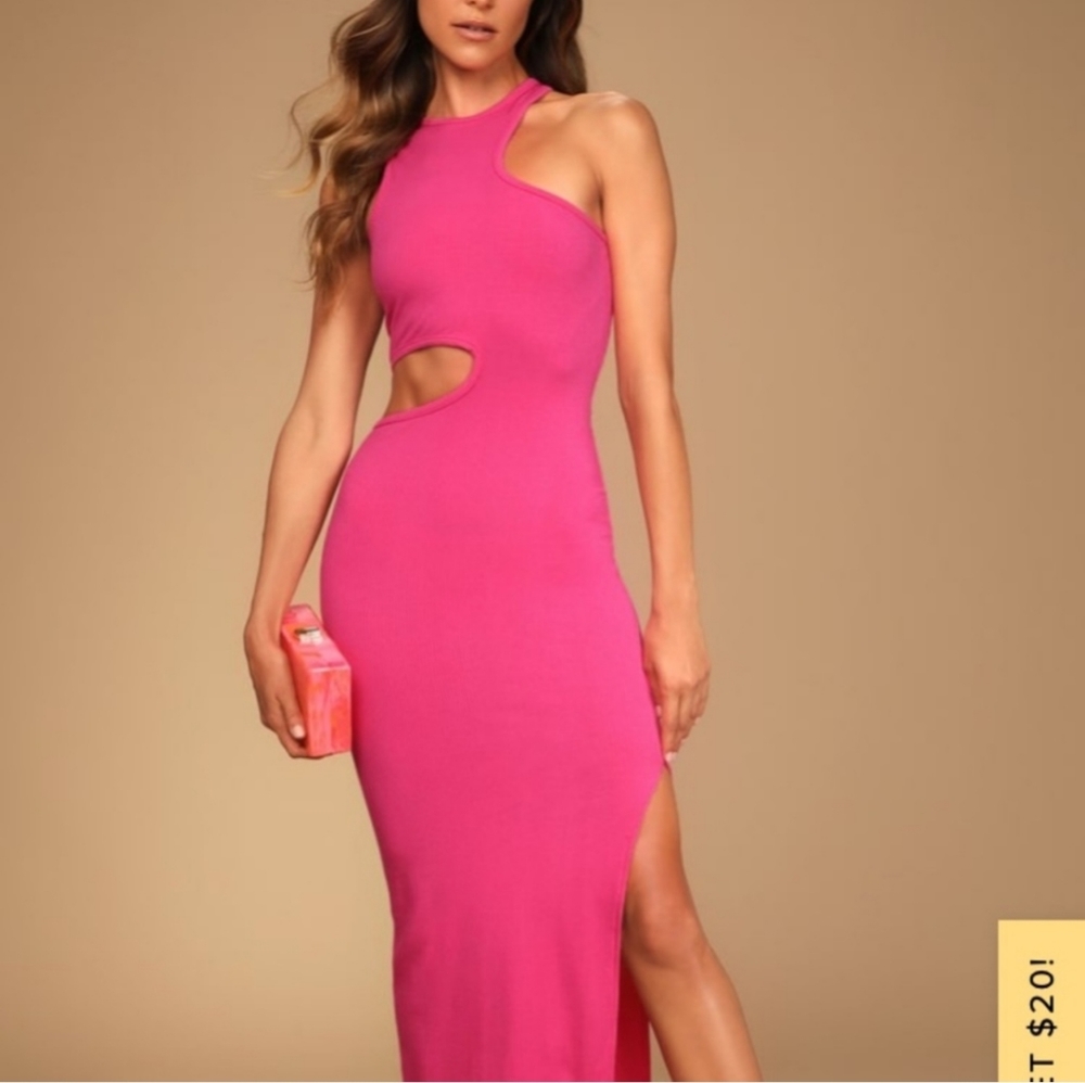 Lulu's catching looks hot pink asymmetrical cutout bodycon midi dress XS